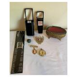 Vintage Jewelry and Accessories Collection with Magnifiers and Decorative Trinket Box