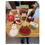 Christmas Decor Lot Including Peanuts Light Set, Snowman Plates, Tins, and More