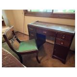Vintage Wood Desk and Chair Set with Brass Hardware