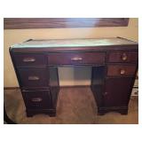 Vintage Wood Desk and Chair Set with Brass Hardware