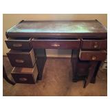 Vintage Wood Desk and Chair Set with Brass Hardware