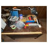 Vintage Wooden Desk with Task Lamp and Assorted Lionel Electric Train Items
