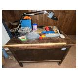 Vintage Wooden Desk with Task Lamp and Assorted Lionel Electric Train Items