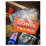 Vintage Wooden Desk with Task Lamp and Assorted Lionel Electric Train Items