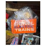 Vintage Wooden Desk with Task Lamp and Assorted Lionel Electric Train Items
