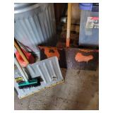 Garage Utility Lot with Trash Cans, Shovels, Brooms, and Containers