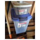 Garage Utility Lot with Trash Cans, Shovels, Brooms, and Containers