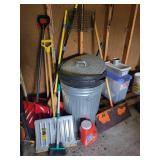 Garage Utility Lot with Trash Cans, Shovels, Brooms, and Containers