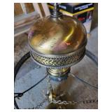 Vintage Brass Hanging Oil Lamp Chandelier with Ornate Detailing