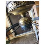 Vintage Brass Hanging Oil Lamp Chandelier with Ornate Detailing