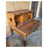 Vintage Wooden Telephone Stand with Drawers and Ornate Detailing