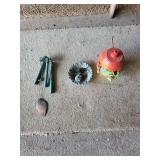 Garden Decor Lot with Metal Wind Chime, Hanging Bird Feeder, and Frog Lantern