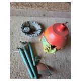 Garden Decor Lot with Metal Wind Chime, Hanging Bird Feeder, and Frog Lantern