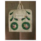 Vintage Woven Straw Handbag with Floral Yarn Embroidery
