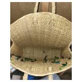 Vintage Woven Straw Handbag with Floral Yarn Embroidery