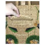 Vintage Woven Straw Handbag with Floral Yarn Embroidery