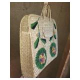 Vintage Woven Straw Handbag with Floral Yarn Embroidery