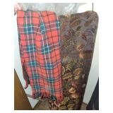 Set of 2 Decorative Throws - Jacquard Leaf Pattern and Plaid Fringe Blanket