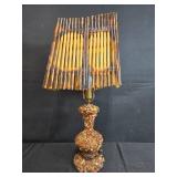 Vintage Folk Art Table Lamp with Pebble Base and Bamboo Shade