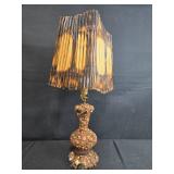 Vintage Folk Art Table Lamp with Pebble Base and Bamboo Shade