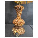 Vintage Folk Art Table Lamp with Pebble Base and Bamboo Shade