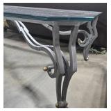 Glass Top Coffee Table with Decorative Metal Base, 60x34x18 in