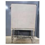 Antique Wood Cabinet with Ornate Detailing and Red Interior
