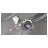 Costume Hat with Feather, Necklace, Jewelry Display Stand, and Accessories