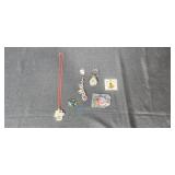 Costume Hat with Feather, Necklace, Jewelry Display Stand, and Accessories