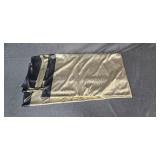 Holiday Decor Set with Red Stocking, Velvet Table Runner, Gold Tablecloth, and Red Tree Skirt