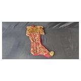 Holiday Decor Set with Red Stocking, Velvet Table Runner, Gold Tablecloth, and Red Tree Skirt