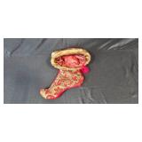 Holiday Decor Set with Red Stocking, Velvet Table Runner, Gold Tablecloth, and Red Tree Skirt