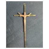 Religious Lot with Metal Crucifix, Metal Stand, and Decorative Fabric
