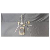Antique Religious and Ornate Metal Decor Collection Including Crucifix and Frame - one unassembled
