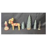 Holiday Figurine Lot with Santa, Straw Goat, and Christmas Trees