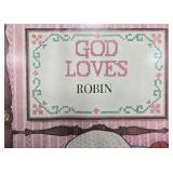 Set of 2 Framed Needlework Art: God Loves Robin Prayer and Bear Family Scene