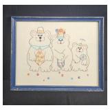 Set of 2 Framed Needlework Art: God Loves Robin Prayer and Bear Family Scene