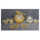 Amber Depression Glass Pitcher with Cups and Saucers Set