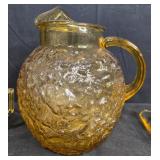 Amber Depression Glass Pitcher with Cups and Saucers Set