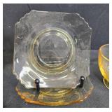 Amber Depression Glass Pitcher with Cups and Saucers Set