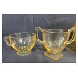 Amber Depression Glass Pitcher with Cups and Saucers Set