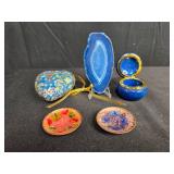 Decorative Trinket Set with Blue Agate Slice, Heart Box, and Enamel Dishes