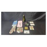 Kitchen Decor and Accessories Collection with Towels, Recipe Cards, Mitts, and Decorative Bottle
