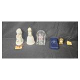 Precious Moments Figurines, Glass Flower, Miniature Clock, and ACBL Keychain Set