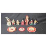 Vintage Christmas Holiday Decoration Collection Including Hallmark Figurines and Fabric Dolls