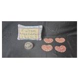 Decorative Humor Pillow, Glass Trinket Jar, and 4 Heart-Shaped Coasters Set