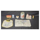 Vintage Baby Keepsake Group with Embroidered Linens, Decorative Boxes, and Collectibles