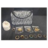 Assorted Costume Rings with Mini Ceramic Holder and Zebra Print Bag