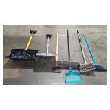 Set of Assorted Garage Tools with Shovels, Brooms, and Dustpan