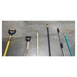 Set of Assorted Garage Tools with Shovels, Brooms, and Dustpan